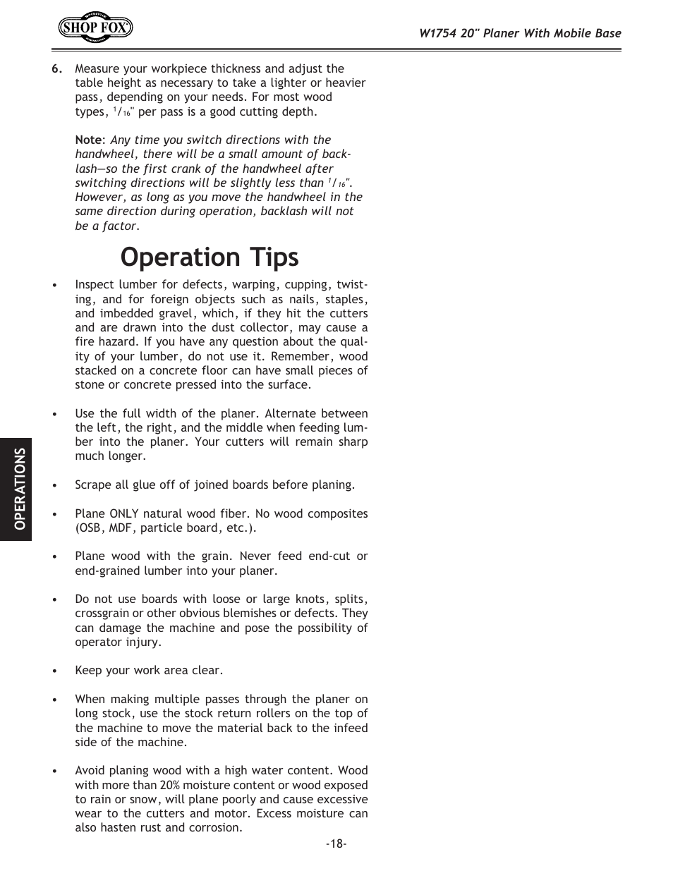 Operation tips | Woodstock SHOP FOX W1754 User Manual | Page 20 / 60