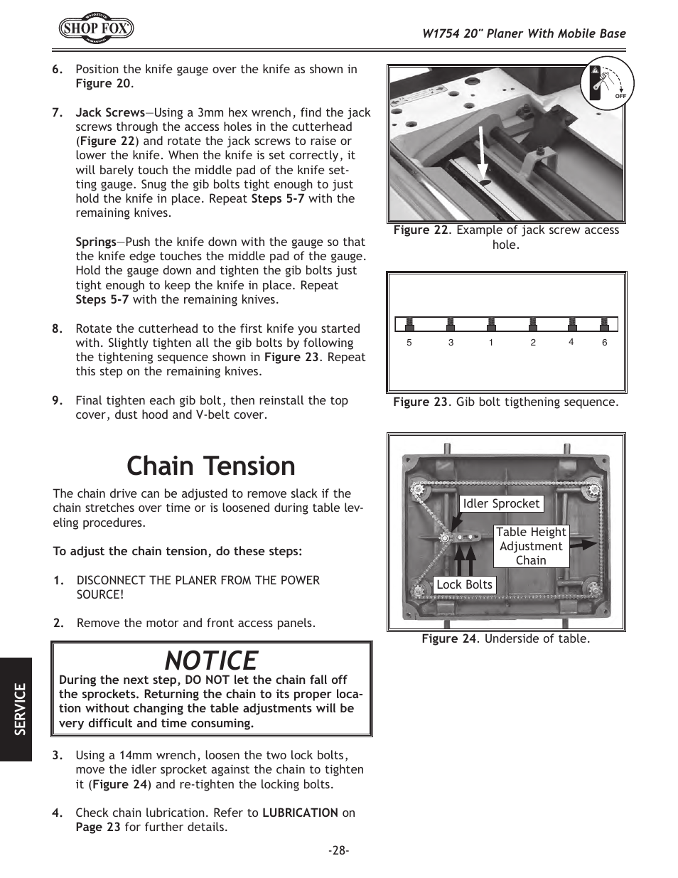 Chain tension, Notice | Woodstock SHOP FOX W1754 User Manual | Page 30 / 60