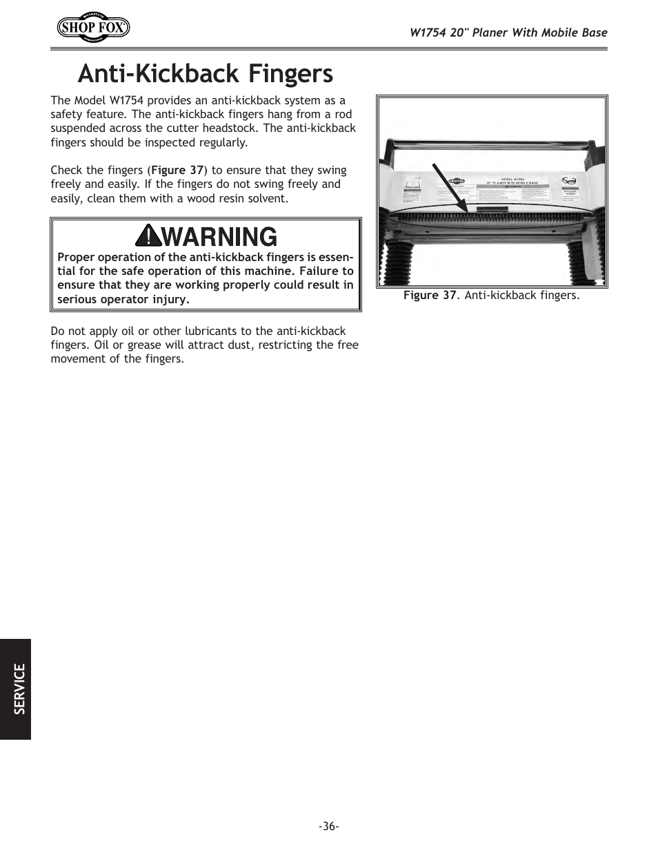 Anti-kickback fingers | Woodstock SHOP FOX W1754 User Manual | Page 38 / 60