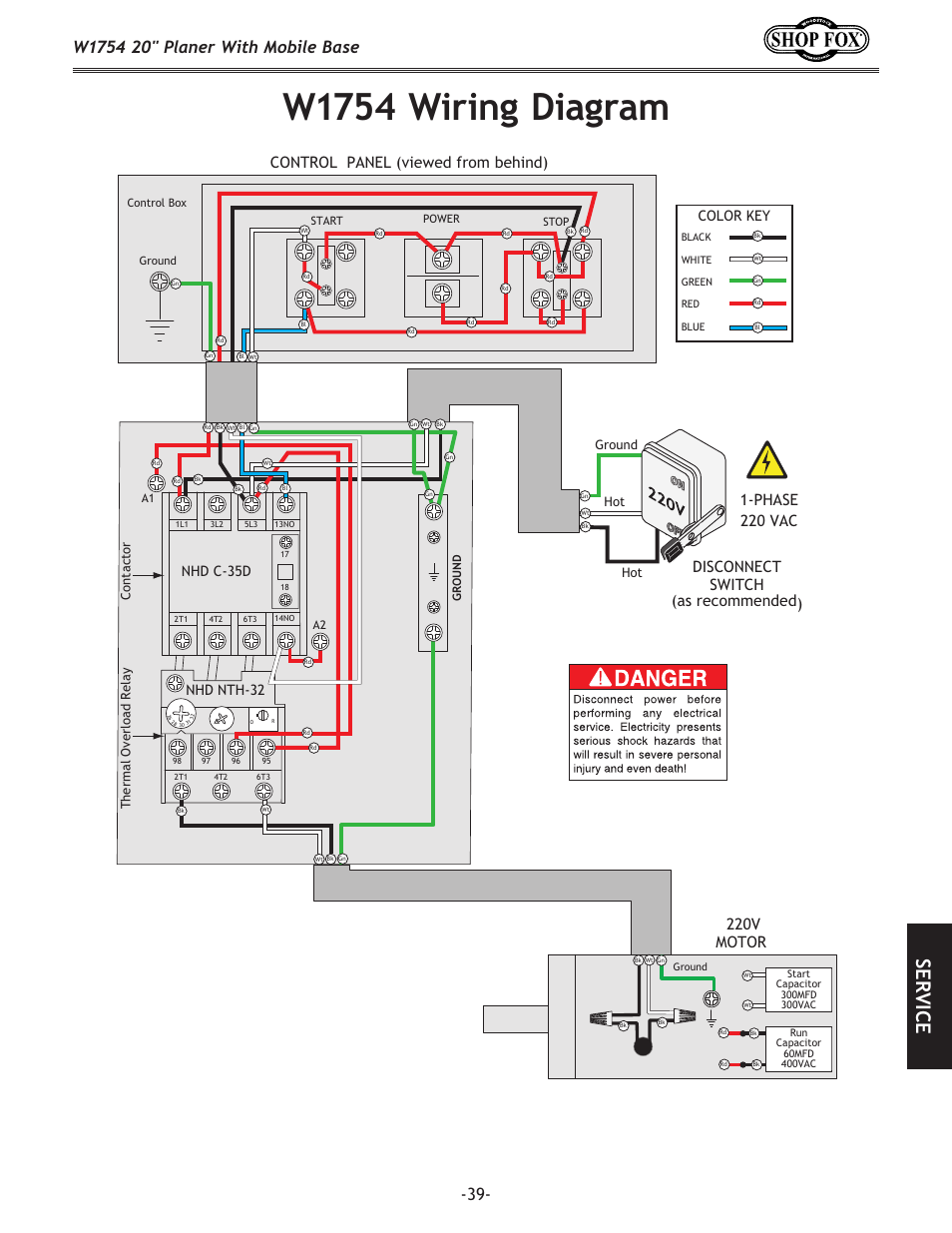 W1754 wiring diagram, Se rv ic e | Woodstock SHOP FOX W1754 User Manual | Page 41 / 60