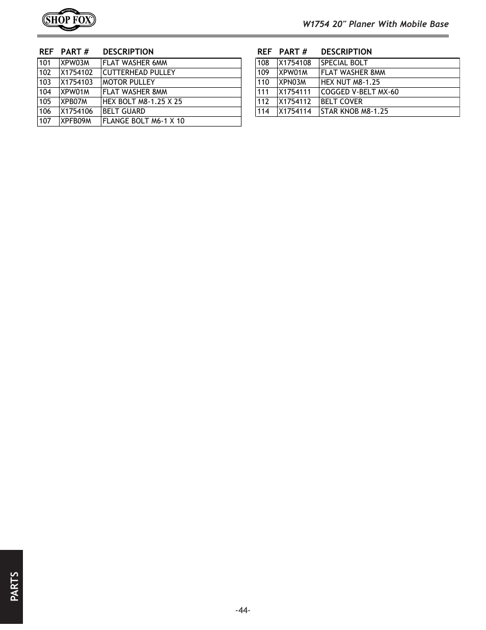 Pa rt s | Woodstock SHOP FOX W1754 User Manual | Page 46 / 60