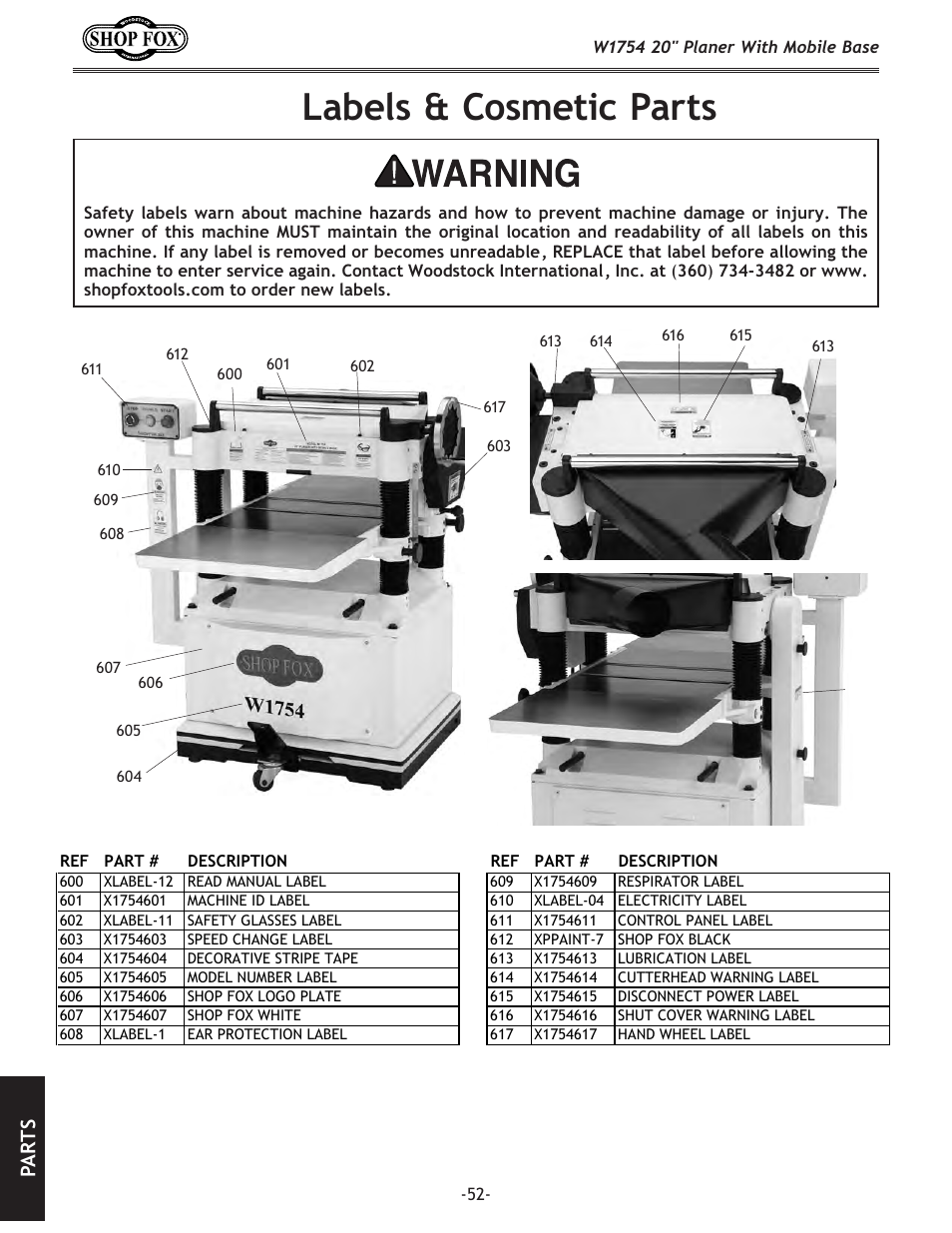 Labels & cosmetic parts, Pa rt s | Woodstock SHOP FOX W1754 User Manual | Page 54 / 60