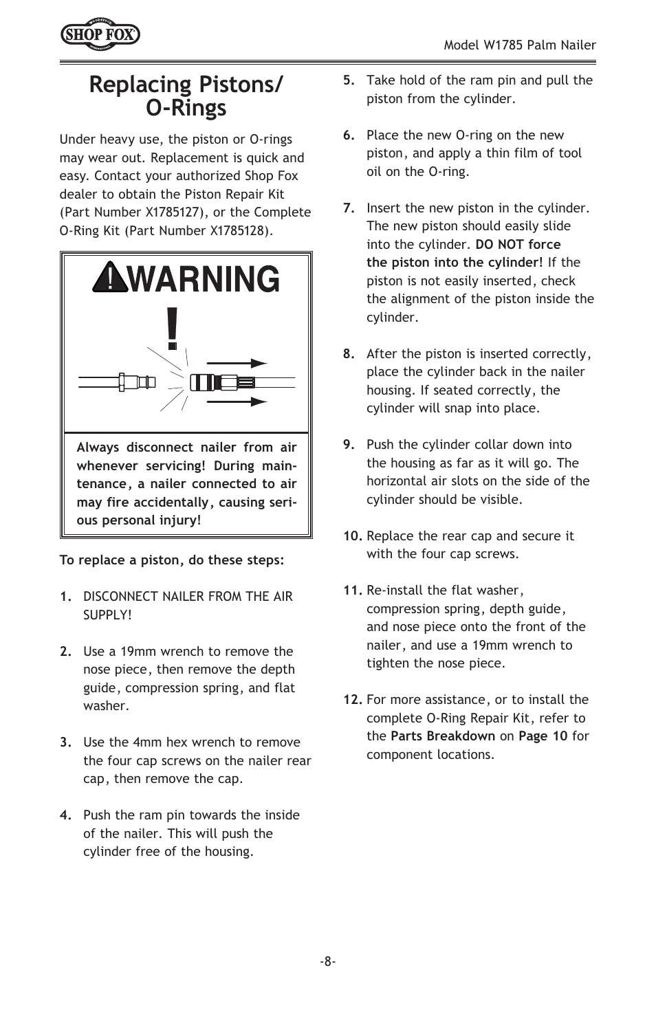 Replacing pistons/ o-rings | Woodstock PALM NAILER W1785 User Manual | Page 10 / 16