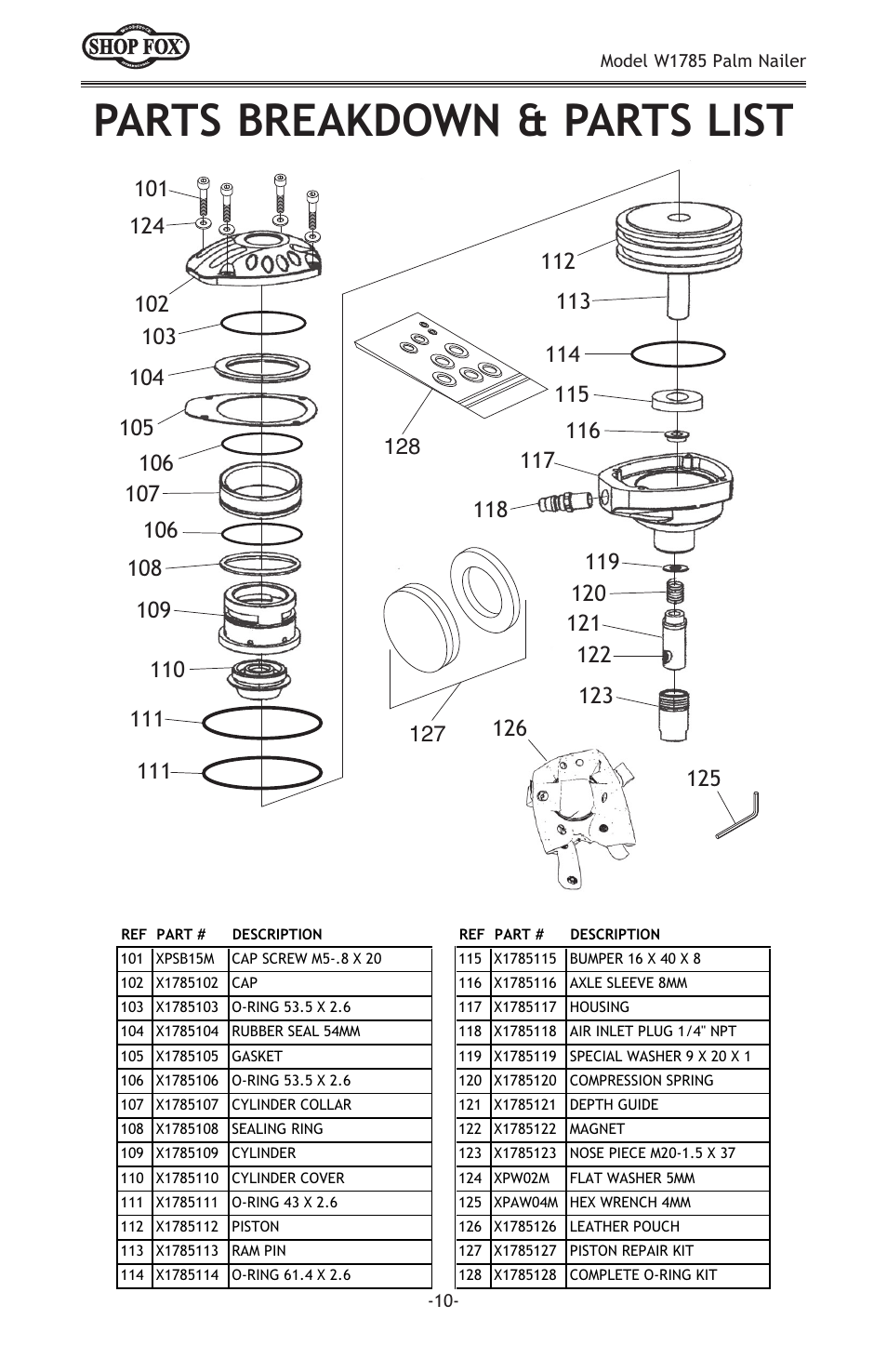 Parts breakdown & parts list | Woodstock PALM NAILER W1785 User Manual | Page 12 / 16