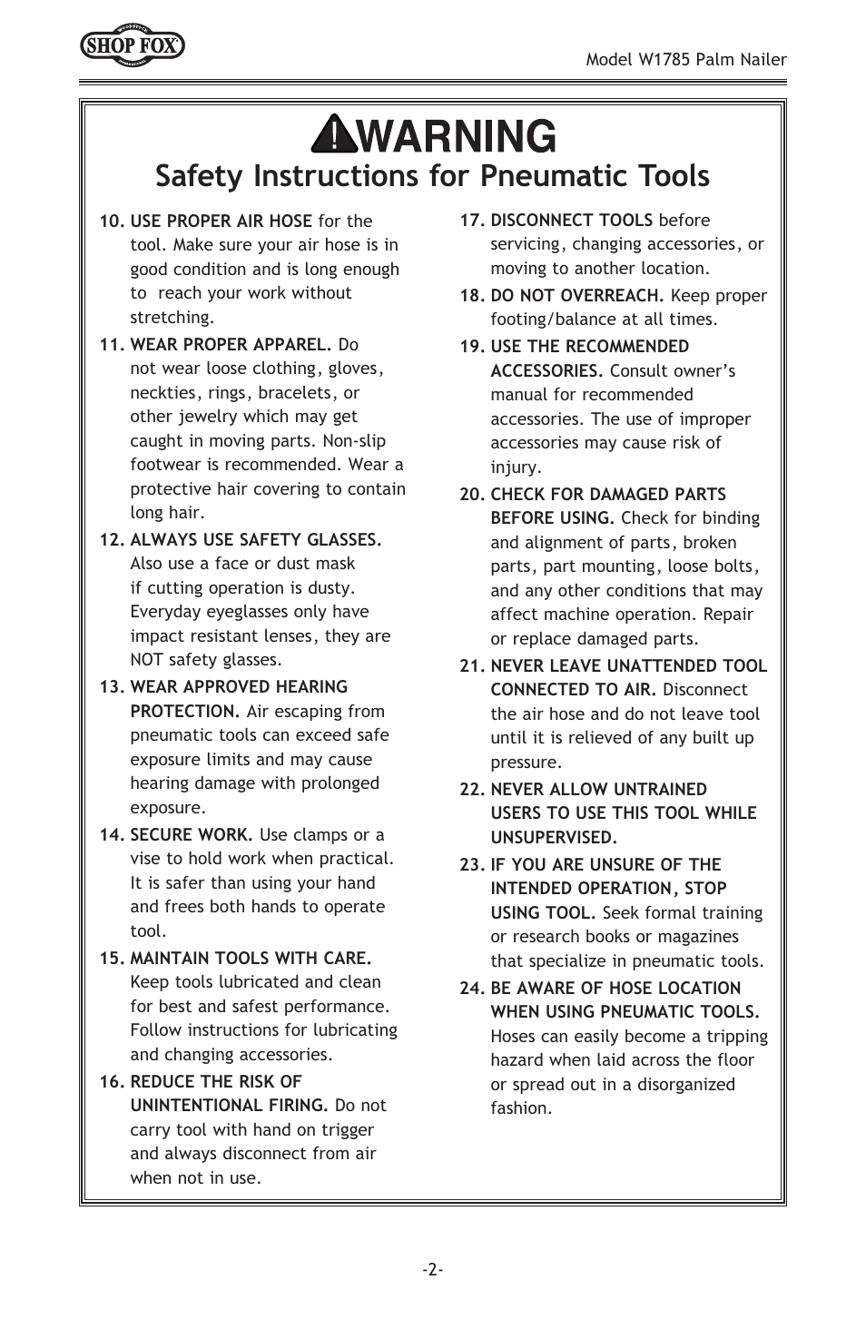 Safety instructions for pneumatic tools | Woodstock PALM NAILER W1785 User Manual | Page 4 / 16