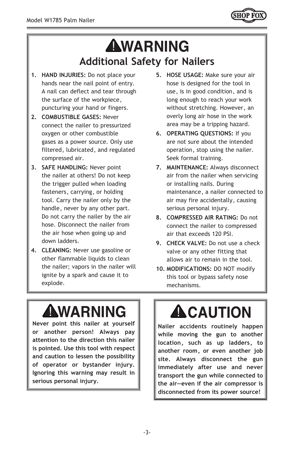 Additional safety for nailers | Woodstock PALM NAILER W1785 User Manual | Page 5 / 16