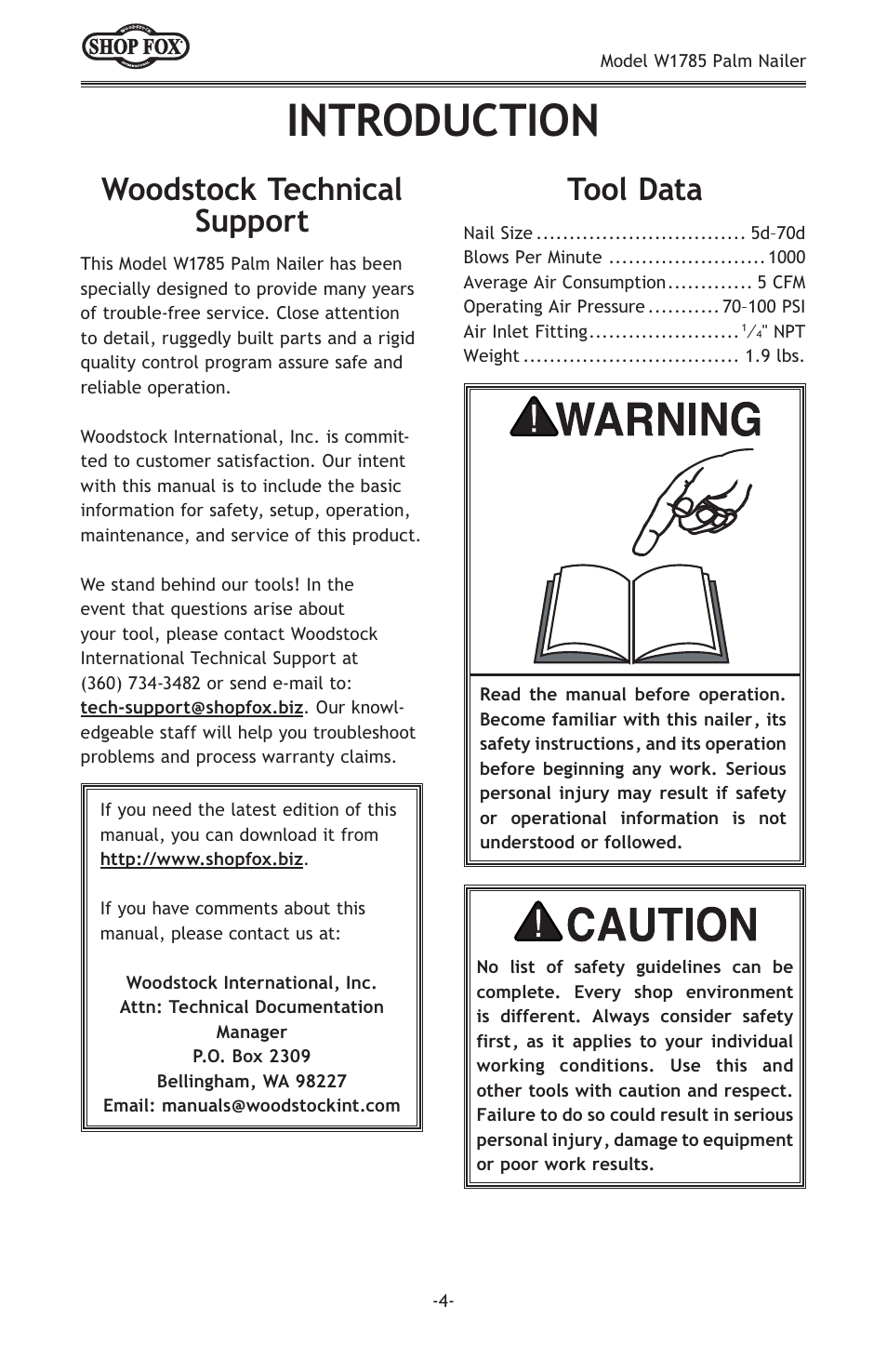 Introduction, Woodstock technical support tool data | Woodstock PALM NAILER W1785 User Manual | Page 6 / 16