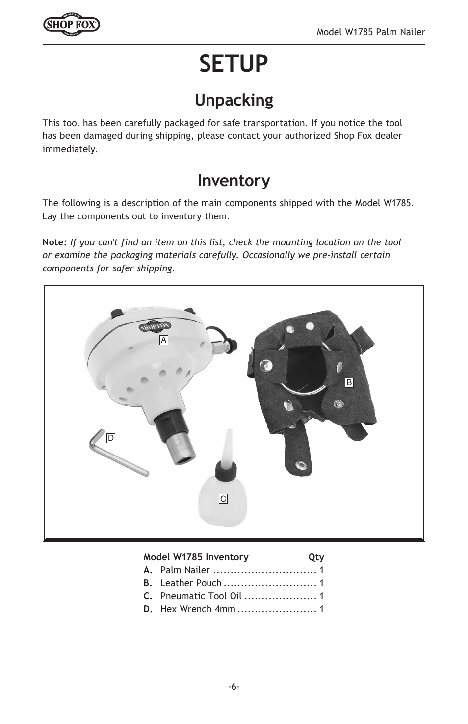 Setup, Inventory, Unpacking | Woodstock PALM NAILER W1785 User Manual | Page 8 / 16