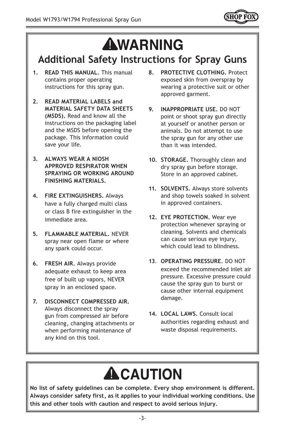 Additional safety instructions for spray guns | Woodstock LVLP W1794 User Manual | Page 5 / 20