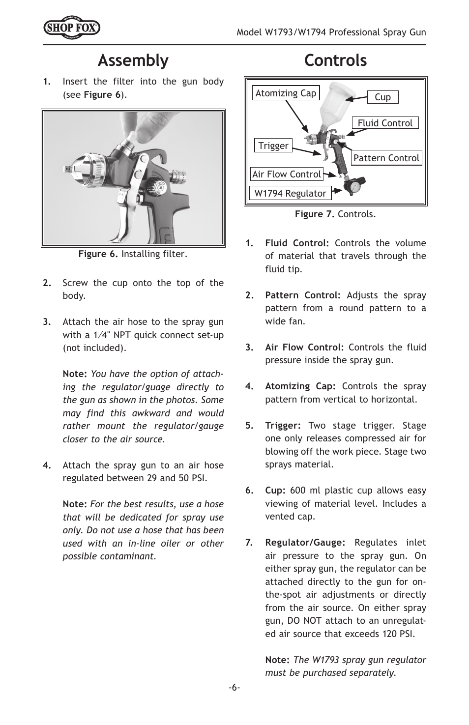 Assembly, Controls | Woodstock LVLP W1794 User Manual | Page 8 / 20