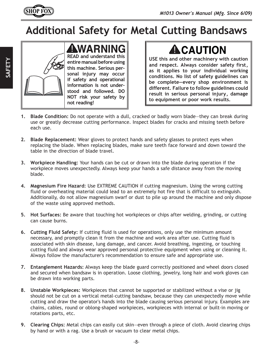 Additional safety for metal cutting bandsaws | Woodstock M1013 User Manual | Page 10 / 48