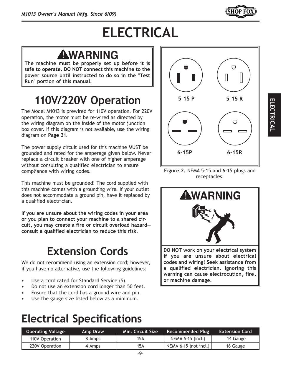 Electrical, Electrical specifications | Woodstock M1013 User Manual | Page 11 / 48