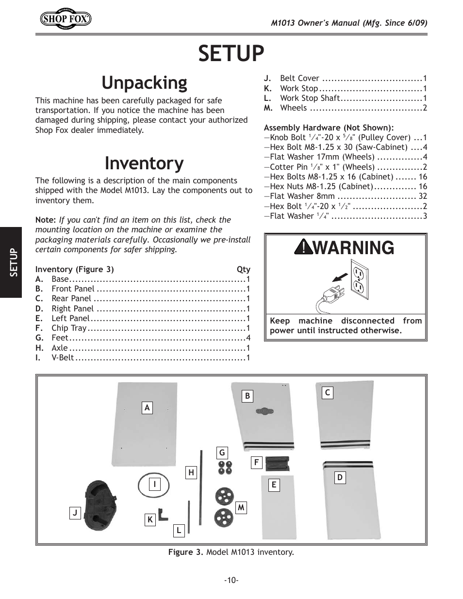 Setup, Unpacking, Inventory | Woodstock M1013 User Manual | Page 12 / 48