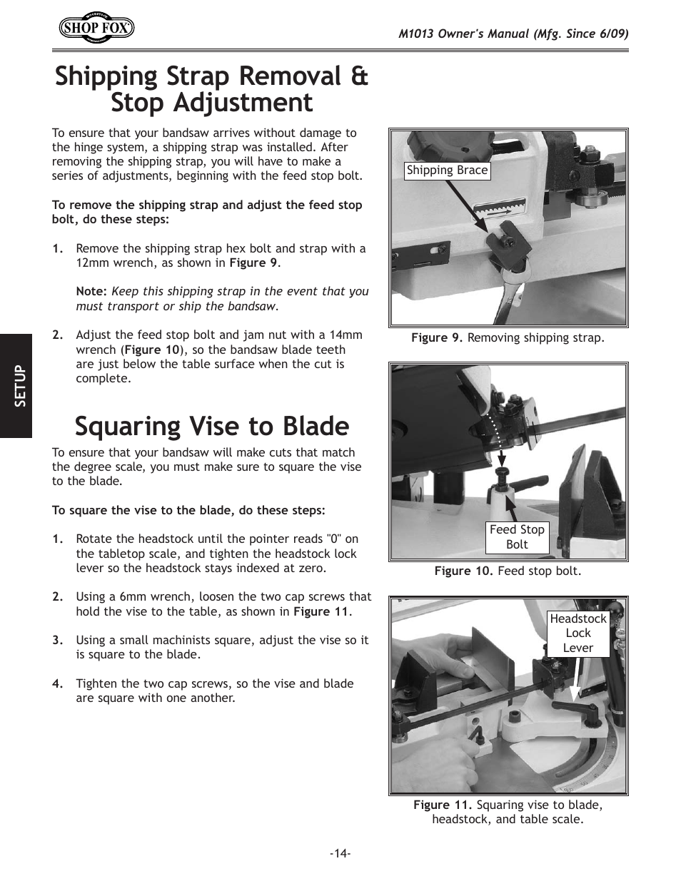 Shipping strap removal & stop adjustment, Squaring vise to blade | Woodstock M1013 User Manual | Page 16 / 48