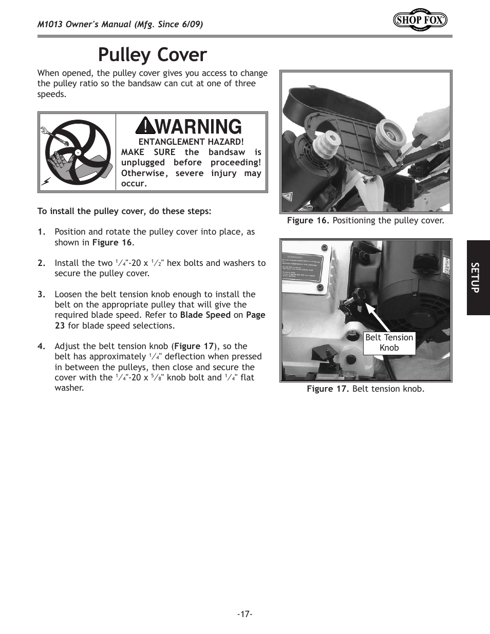 Pulley cover, Se tu p | Woodstock M1013 User Manual | Page 19 / 48
