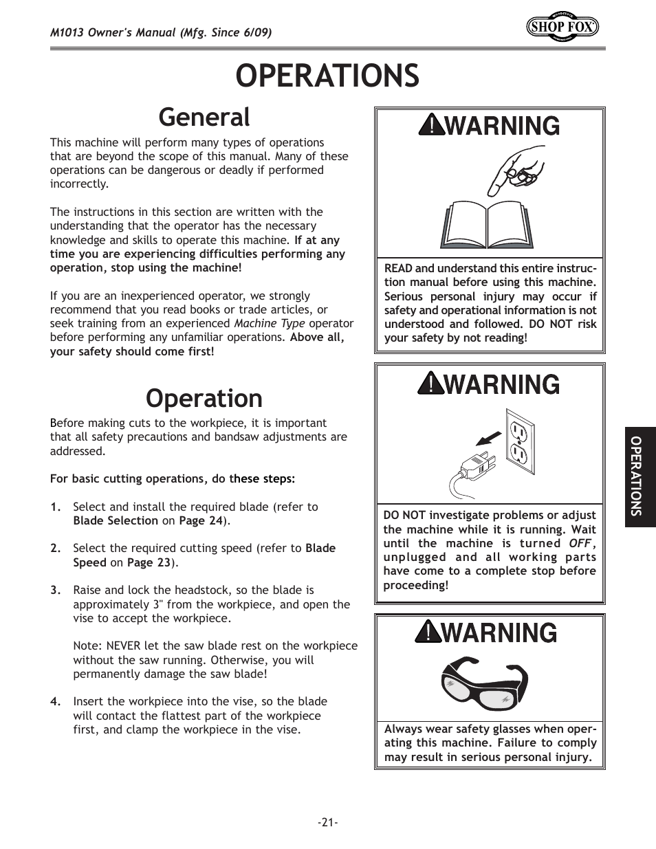 Operations, General, Operation | Woodstock M1013 User Manual | Page 23 / 48