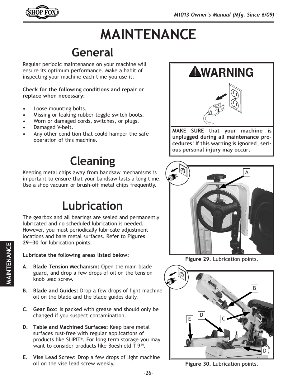 Maintenance, Cleaning, General | Lubrication | Woodstock M1013 User Manual | Page 28 / 48
