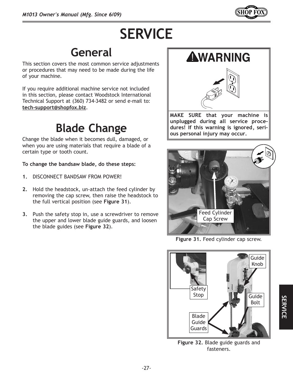 Service, General, Blade change | Woodstock M1013 User Manual | Page 29 / 48