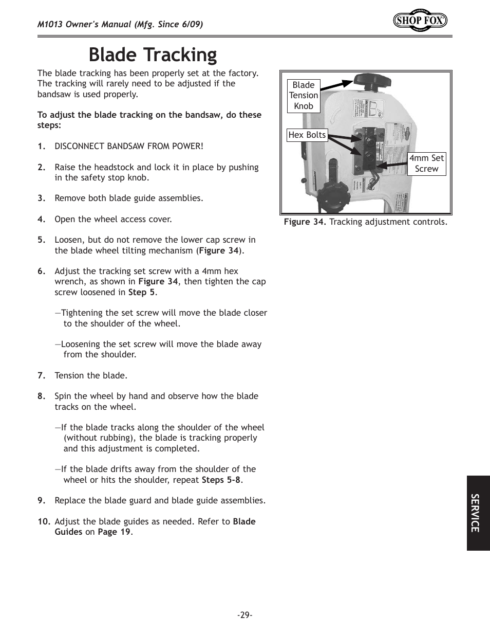 Blade tracking | Woodstock M1013 User Manual | Page 31 / 48