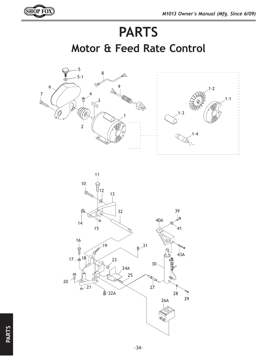 Parts, Motor & feed rate control, Pa rt s | Woodstock M1013 User Manual | Page 36 / 48
