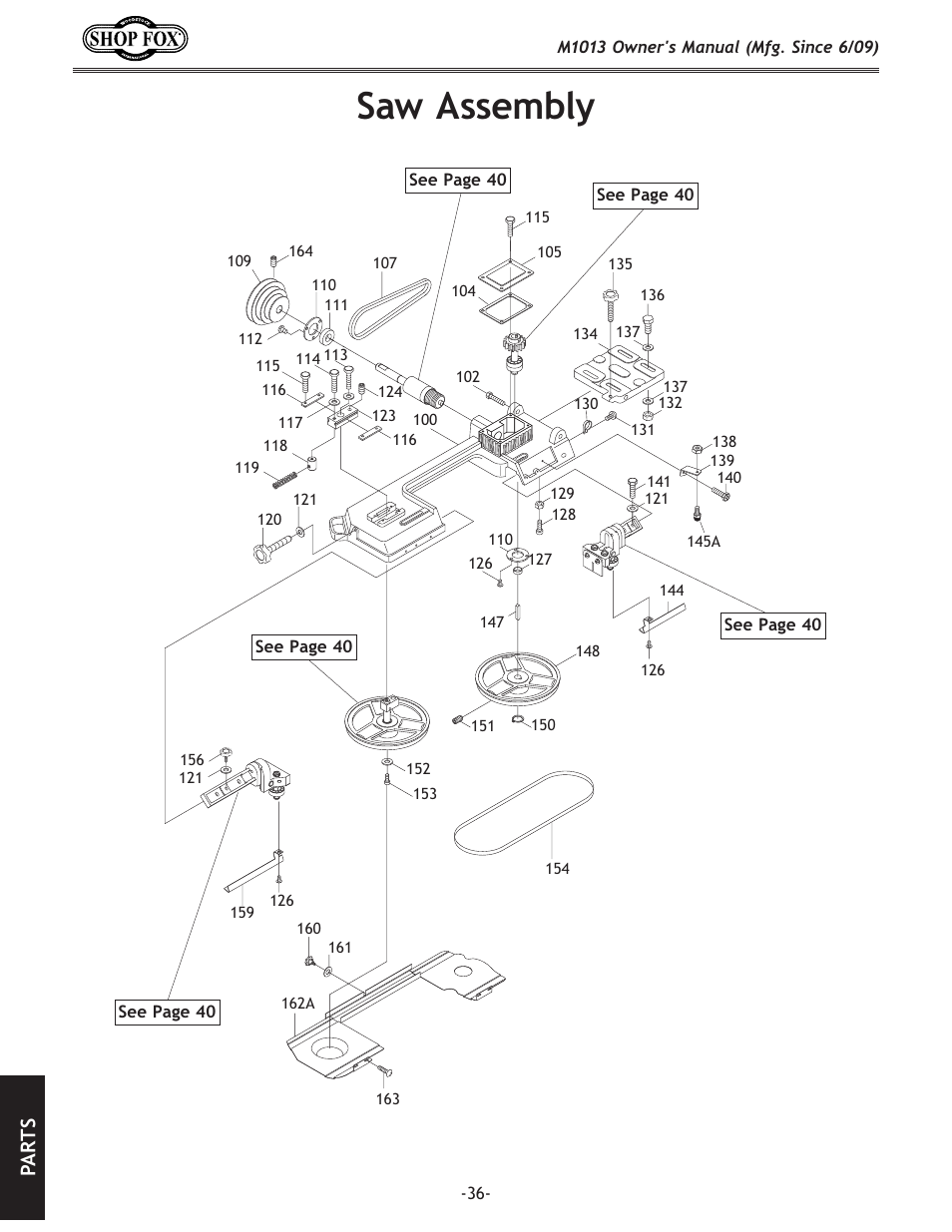 Saw assembly, Pa rt s | Woodstock M1013 User Manual | Page 38 / 48