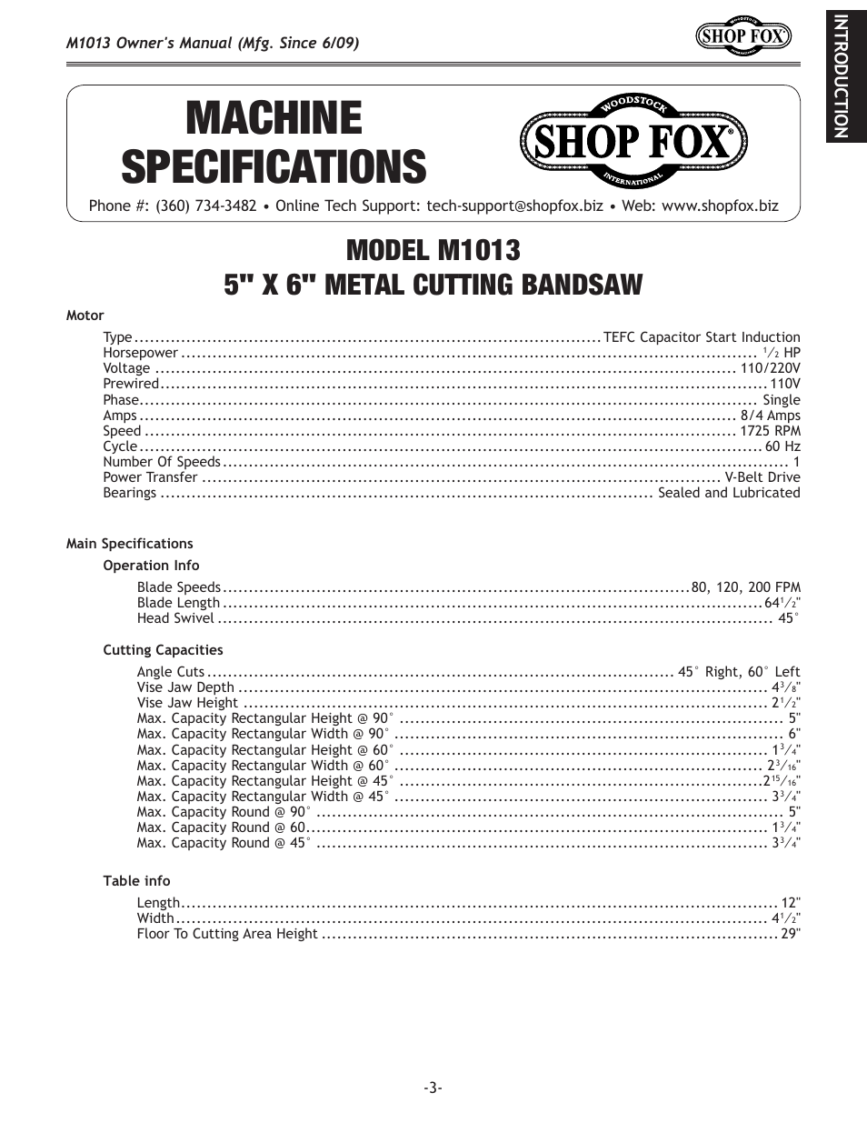 Machine specifications | Woodstock M1013 User Manual | Page 5 / 48