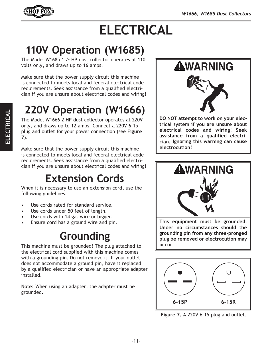 Electrical, Extension cords grounding | Woodstock W1685 User Manual | Page 11 / 32