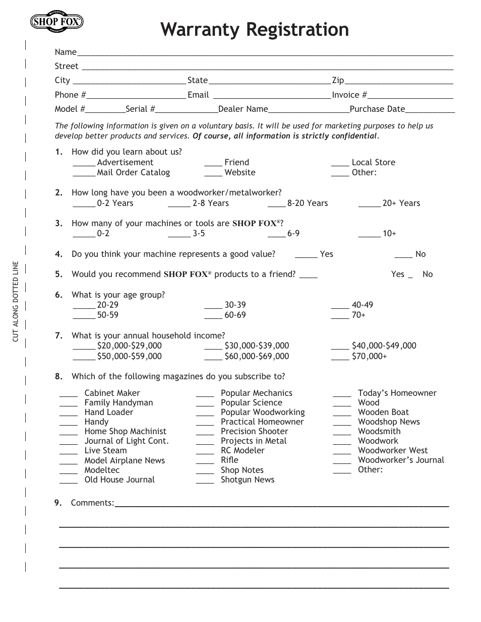 Warranty registration | Woodstock W1685 User Manual | Page 29 / 32