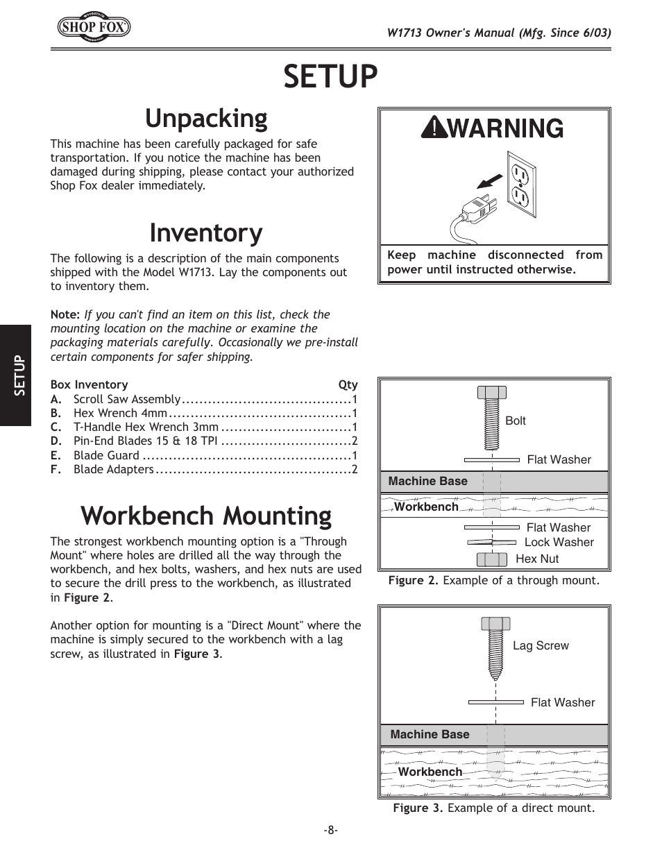 Setup, Unpacking, Inventory | Workbench mounting | Woodstock W1713 User Manual | Page 10 / 32