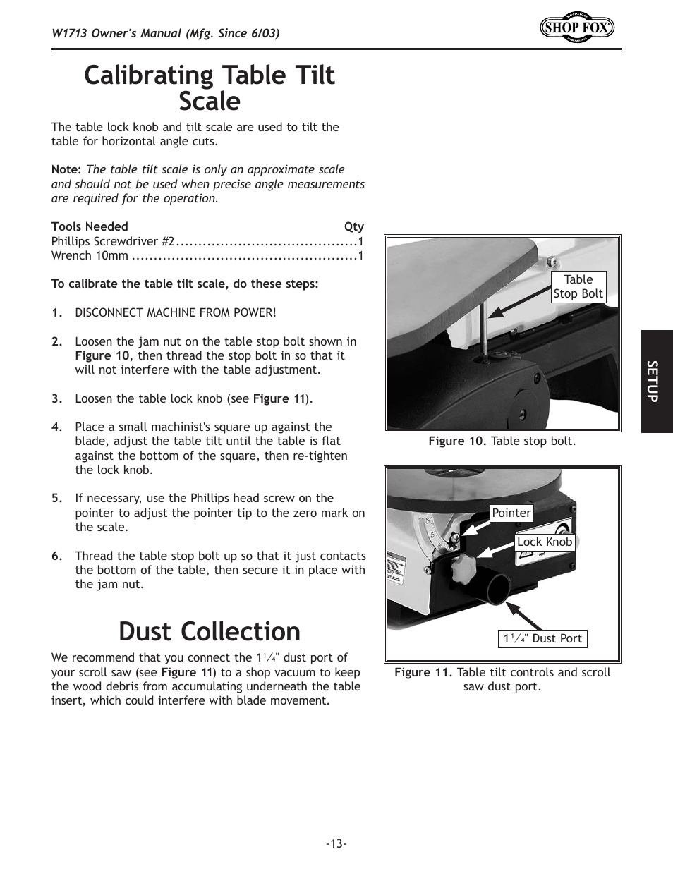 Dust collection, Calibrating table tilt scale | Woodstock W1713 User Manual | Page 15 / 32