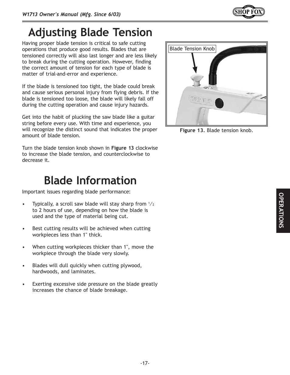 Adjusting blade tension, Blade information | Woodstock W1713 User Manual | Page 19 / 32