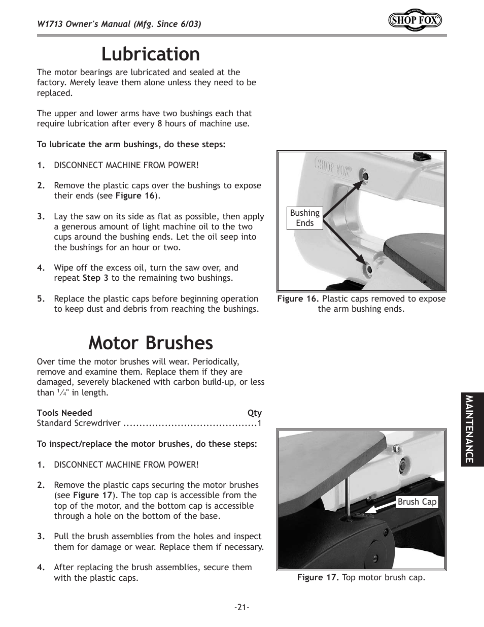 Lubrication, Motor brushes | Woodstock W1713 User Manual | Page 23 / 32