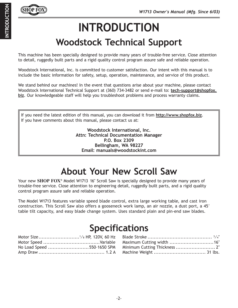 Introduction, Woodstock technical support, About your new scroll saw | Specifications | Woodstock W1713 User Manual | Page 4 / 32