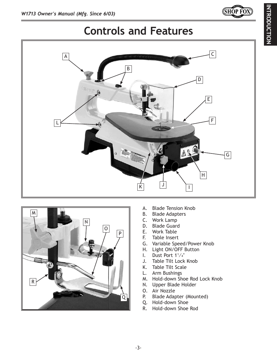 Controls and features | Woodstock W1713 User Manual | Page 5 / 32