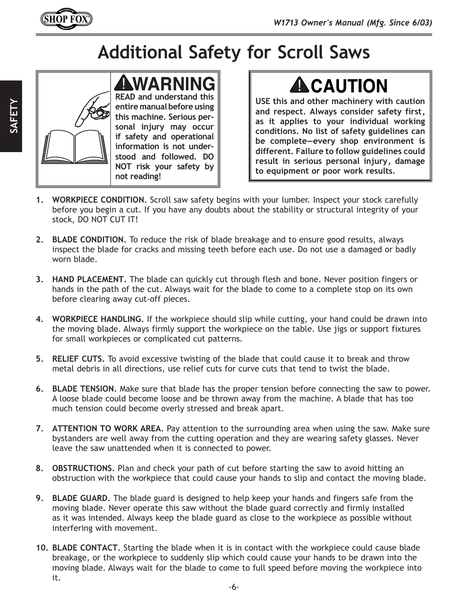 Additional safety for scroll saws | Woodstock W1713 User Manual | Page 8 / 32