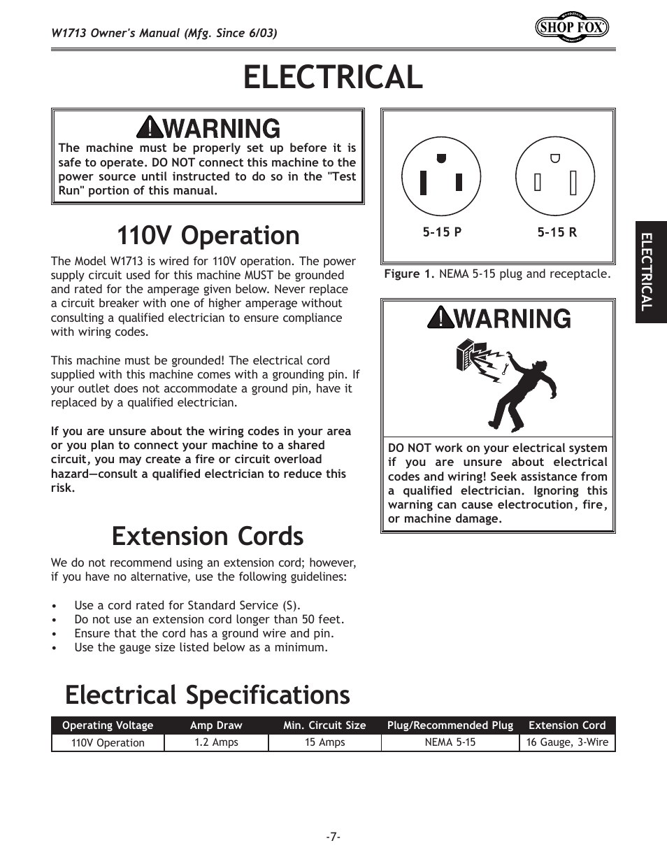 Electrical, 110v operation, Electrical specifications | Extension cords | Woodstock W1713 User Manual | Page 9 / 32