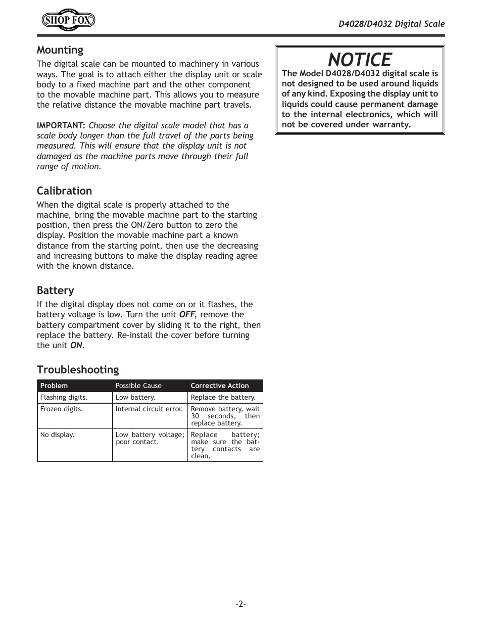 Notice, Mounting, Calibration | Battery, Troubleshooting | Woodstock D4028 User Manual | Page 2 / 2