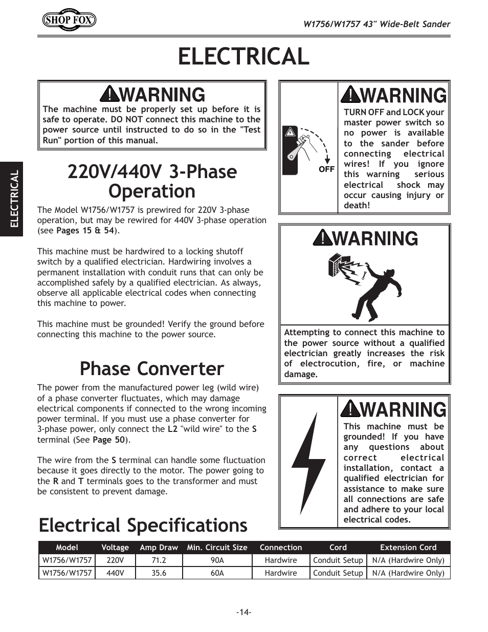 Electrical, Electrical specifications phase converter | Woodstock SHOP FOX W1756 User Manual | Page 16 / 84