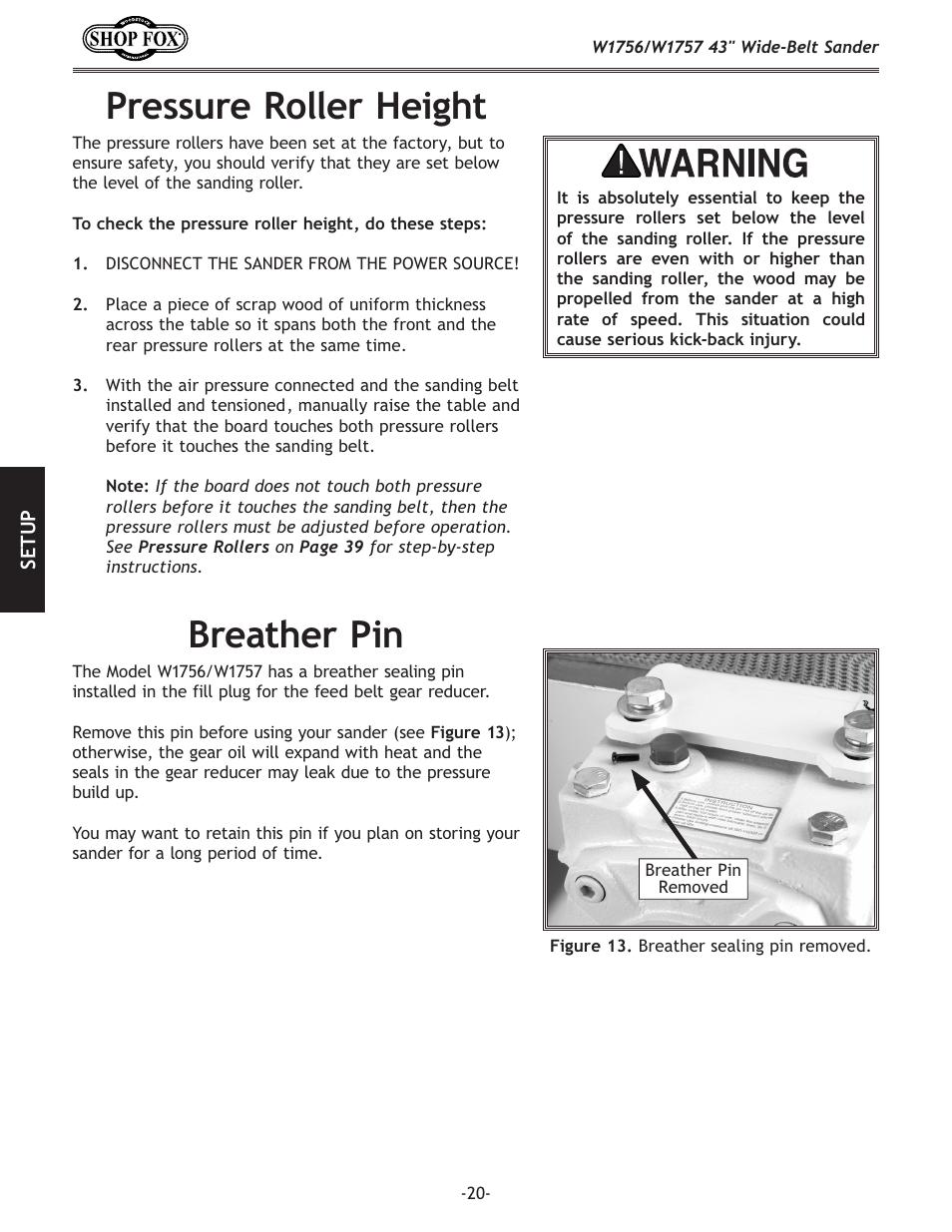 Pressure roller height, Breather pin | Woodstock SHOP FOX W1756 User Manual | Page 22 / 84