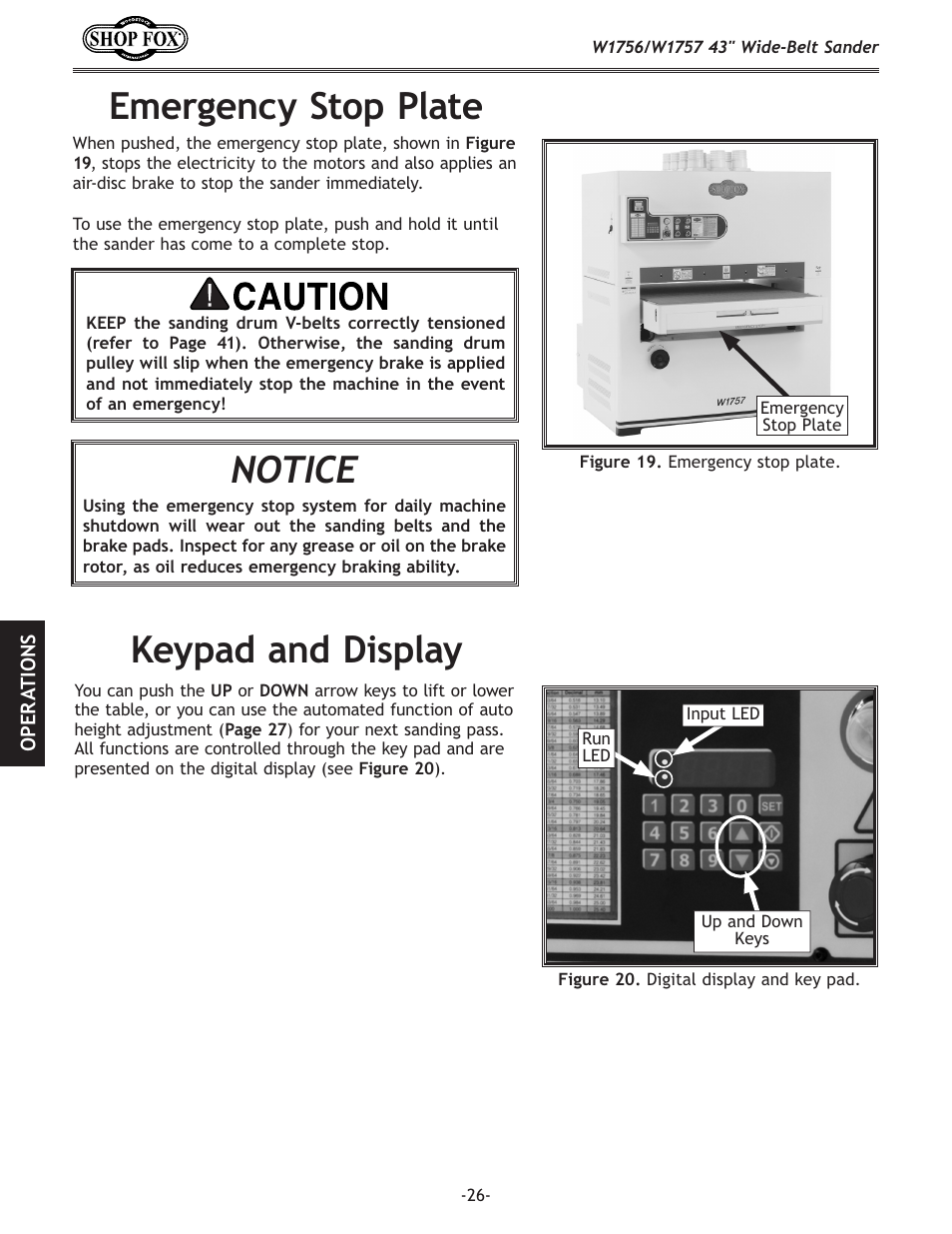 Emergency stop plate, Keypad and display, Notice | Woodstock SHOP FOX W1756 User Manual | Page 28 / 84