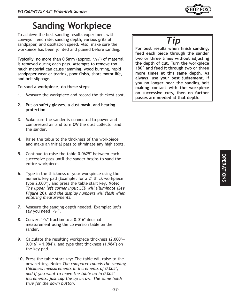 Sanding workpiece | Woodstock SHOP FOX W1756 User Manual | Page 29 / 84