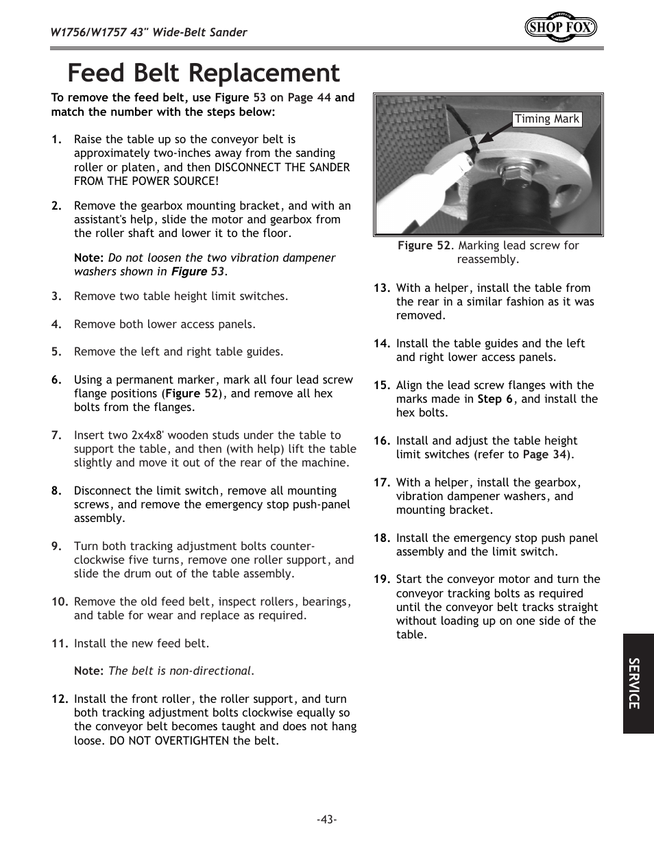 Feed belt replacement | Woodstock SHOP FOX W1756 User Manual | Page 45 / 84