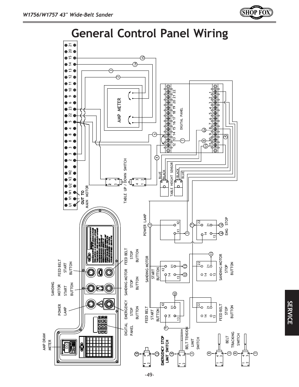 General control panel wiring, Se rv ic e | Woodstock SHOP FOX W1756 User Manual | Page 51 / 84