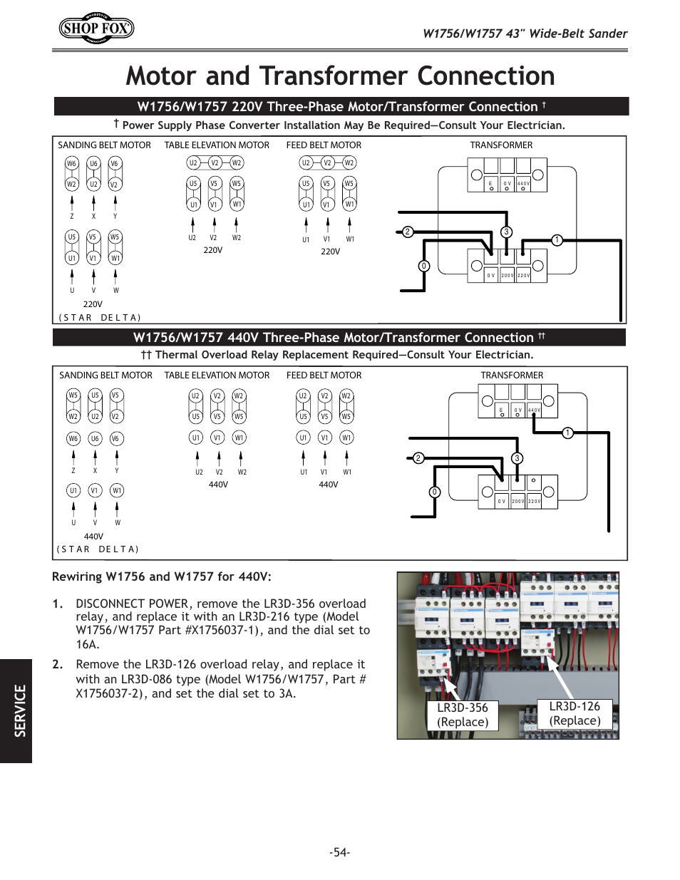 Motor and transformer connection, Se rv ic e | Woodstock SHOP FOX W1756 User Manual | Page 56 / 84