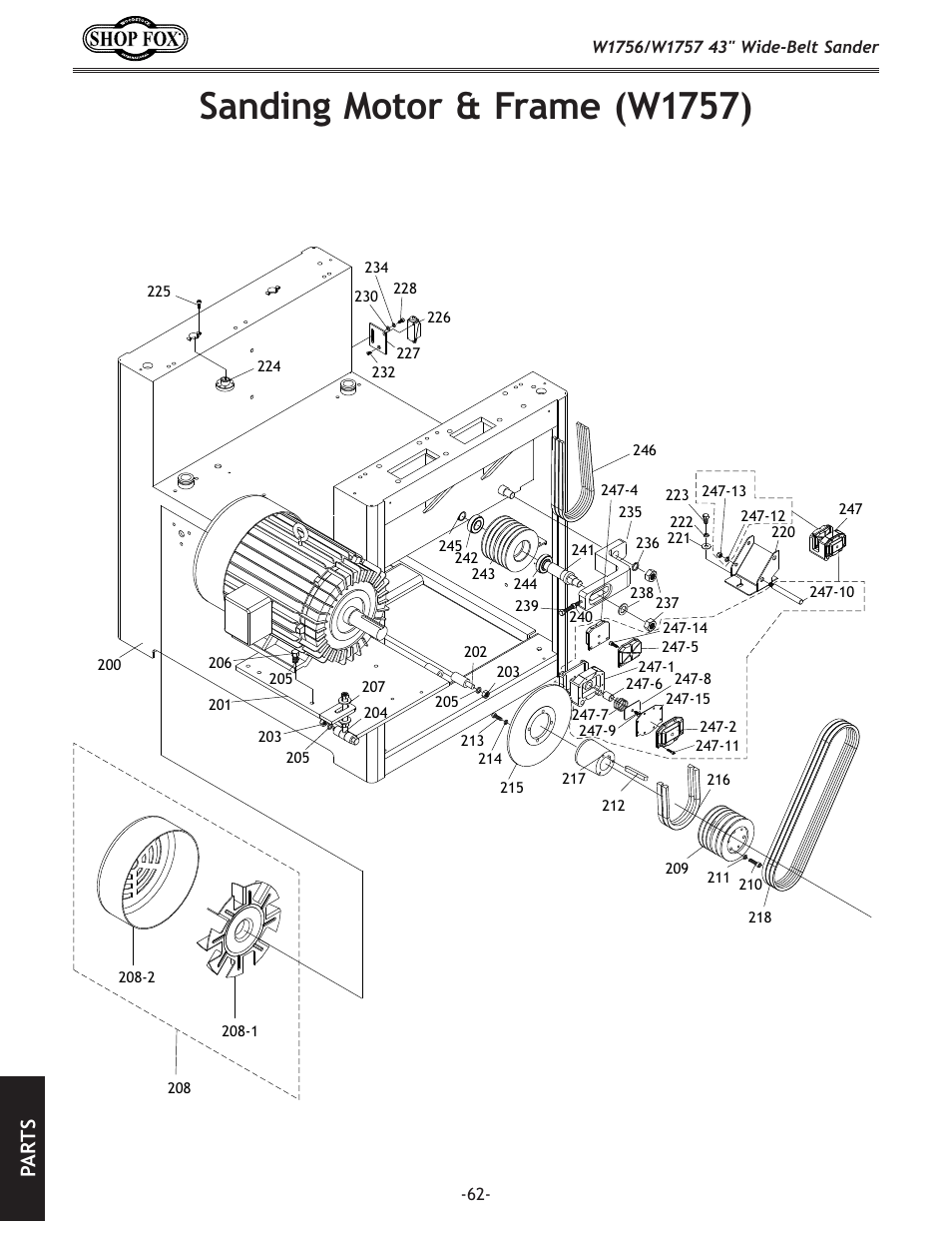 Sanding motor & frame (w1757), Pa rt s | Woodstock SHOP FOX W1756 User Manual | Page 64 / 84