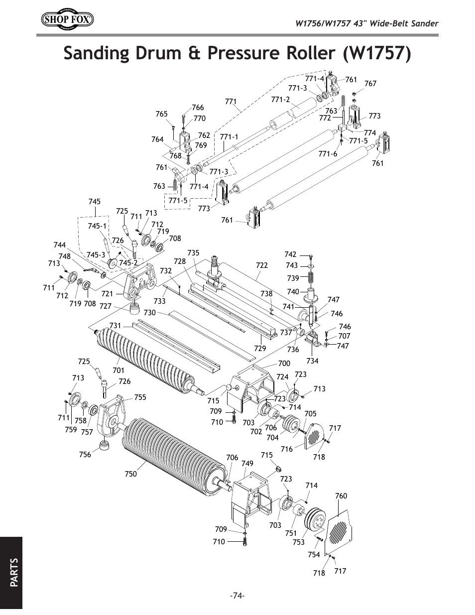 Sanding drum & pressure roller (w1757), Pa rt s | Woodstock SHOP FOX W1756 User Manual | Page 76 / 84