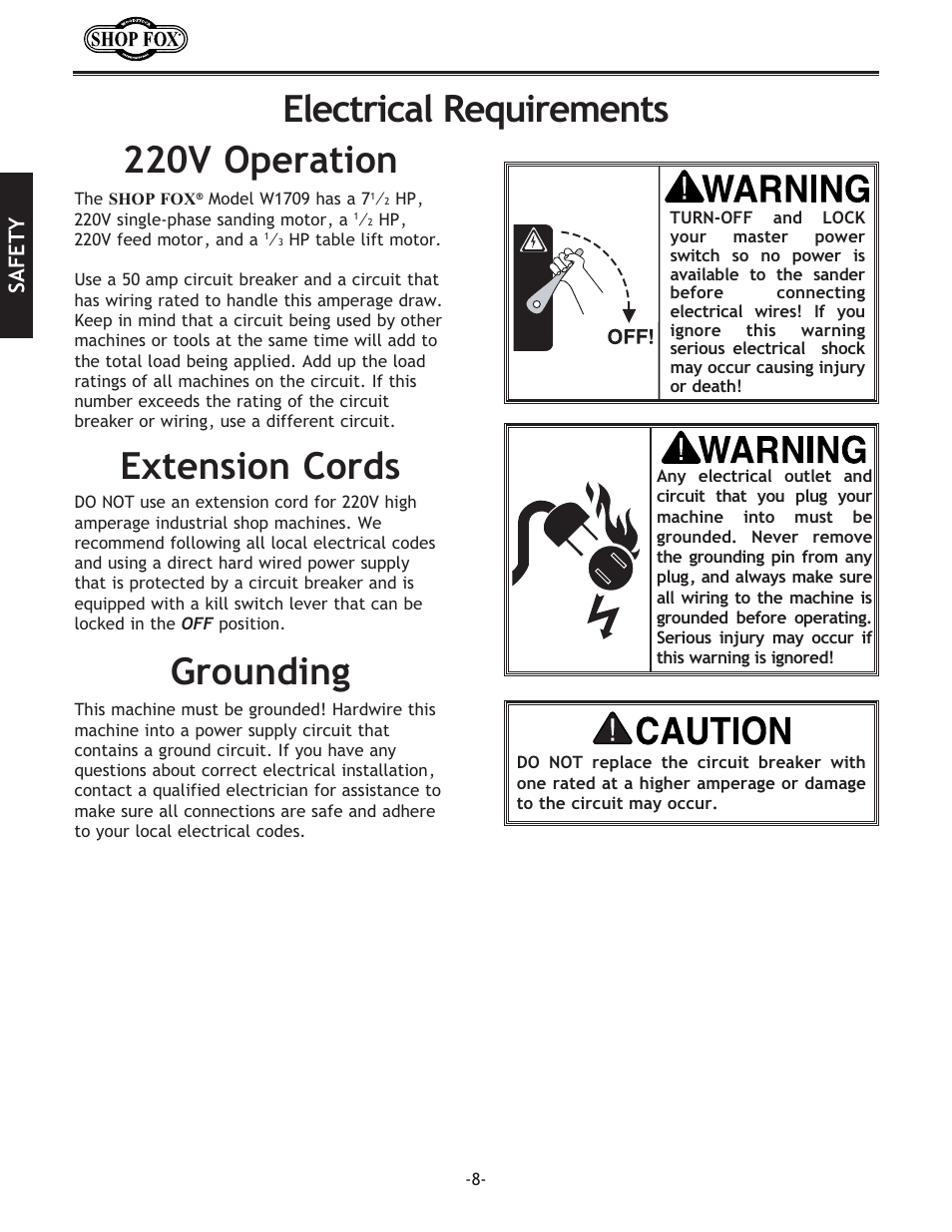 Electrical requirements 220v operation, Extension cords grounding | Woodstock SHOP FOX W1709 User Manual | Page 10 / 52