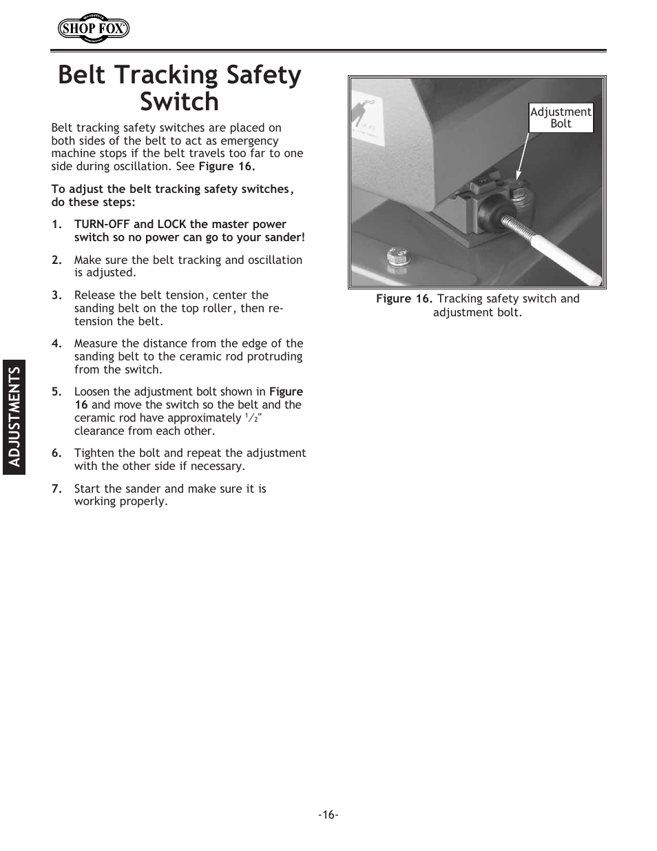 Belt tracking safety switch | Woodstock SHOP FOX W1709 User Manual | Page 18 / 52