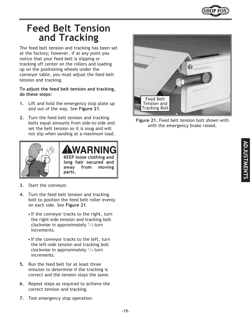 Feed belt tension and tracking, Adjustments | Woodstock SHOP FOX W1709 User Manual | Page 21 / 52