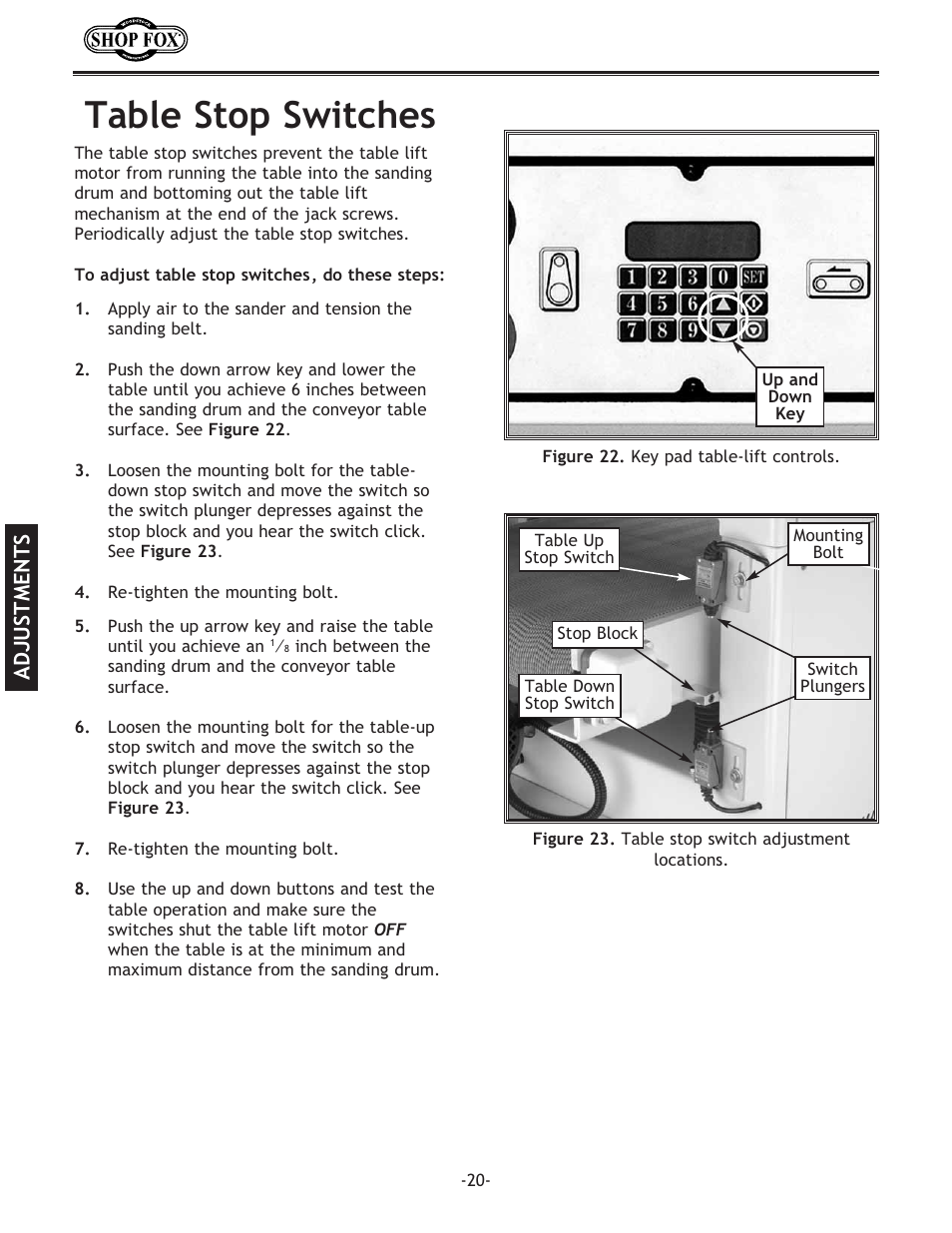 Table stop switches, Adjustments | Woodstock SHOP FOX W1709 User Manual | Page 22 / 52